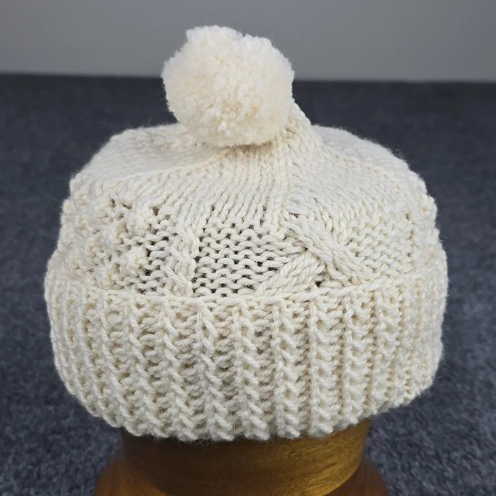John Molloy Aran Wool Pom‎ Beanie XS Child Cream Ireland Hand Knit 100% Wool